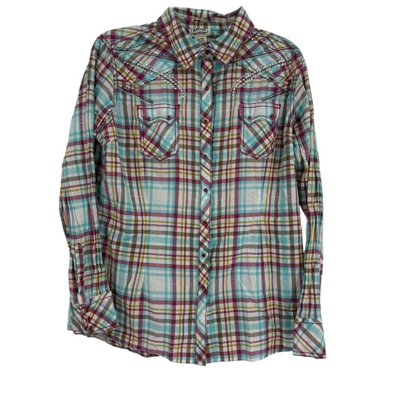 Ariat Tops - Ariat Women's Long Sleeve Top Plaid Pearl Snap Shirt Size XL Sequins Western